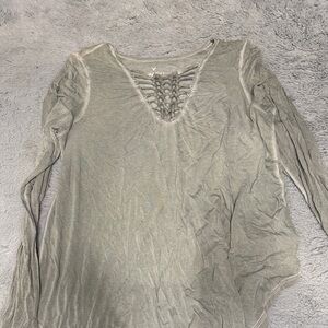 American Eagle Outfitters Olive Gray Lace-Up V-Neck Long Sleeve Top